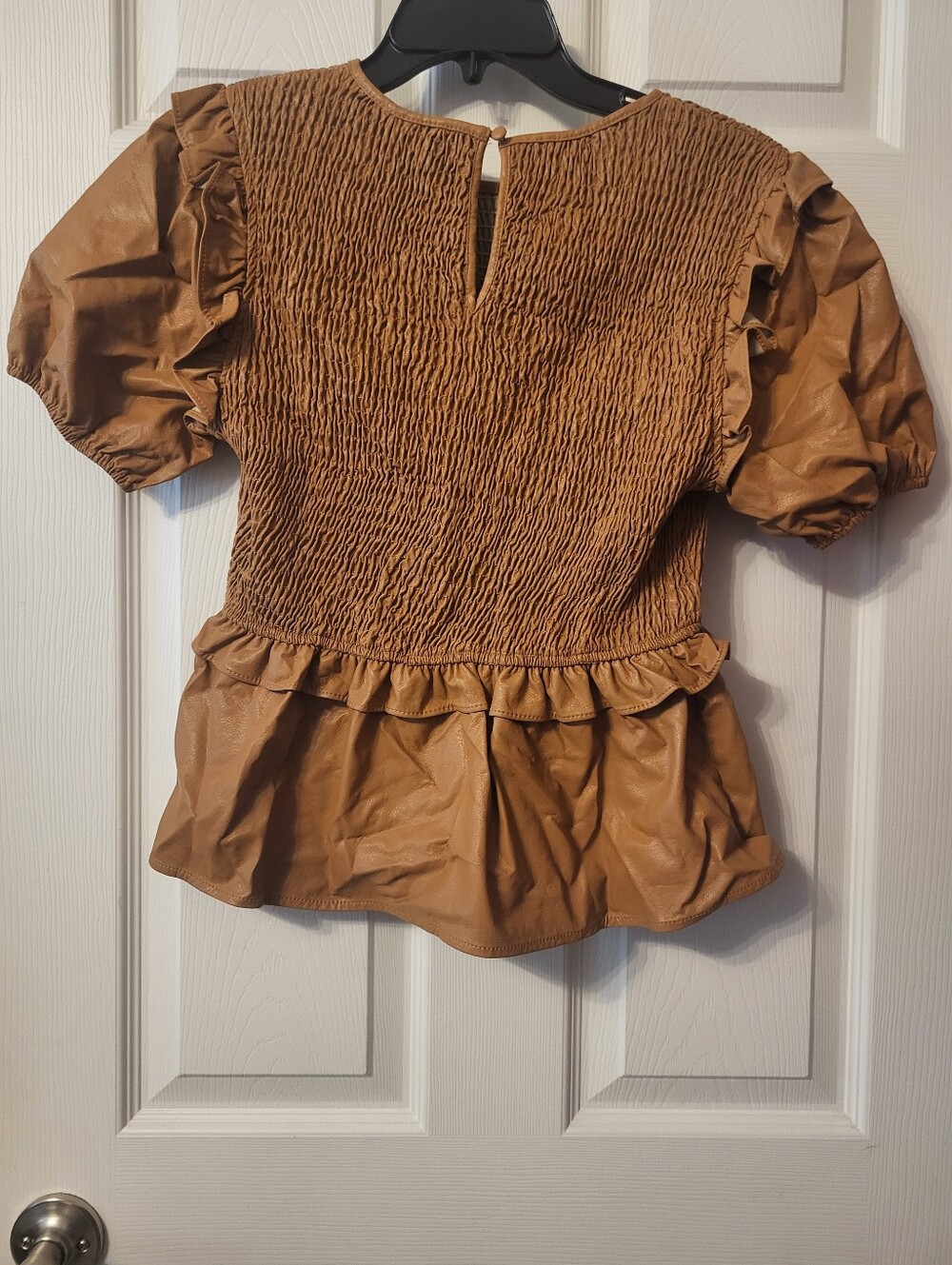 TCEC Camel Smocked Peplum Puff-Sleeve Top